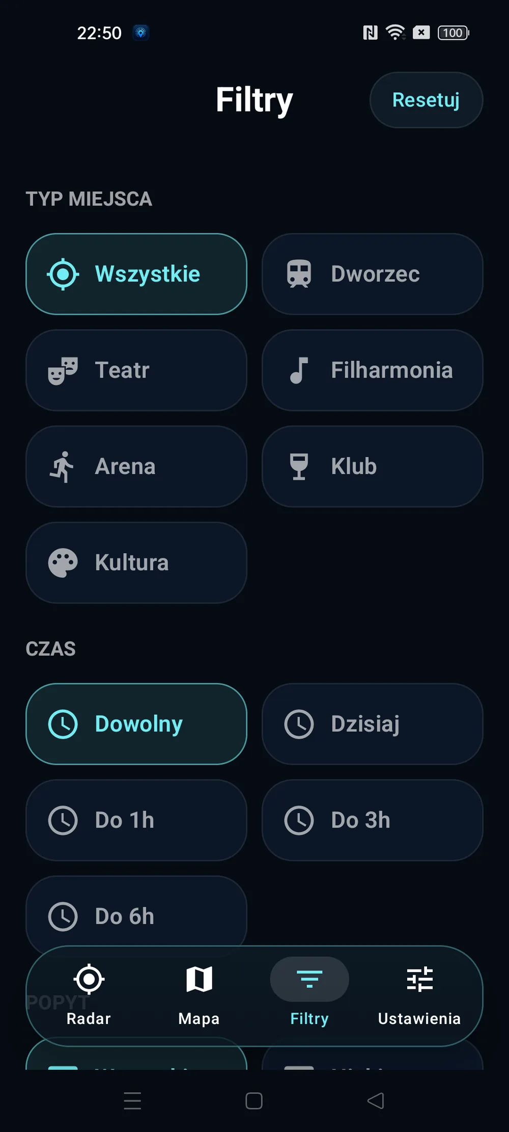 Rzeczywisty ekran filtrów TaxiSignal na Androidzie