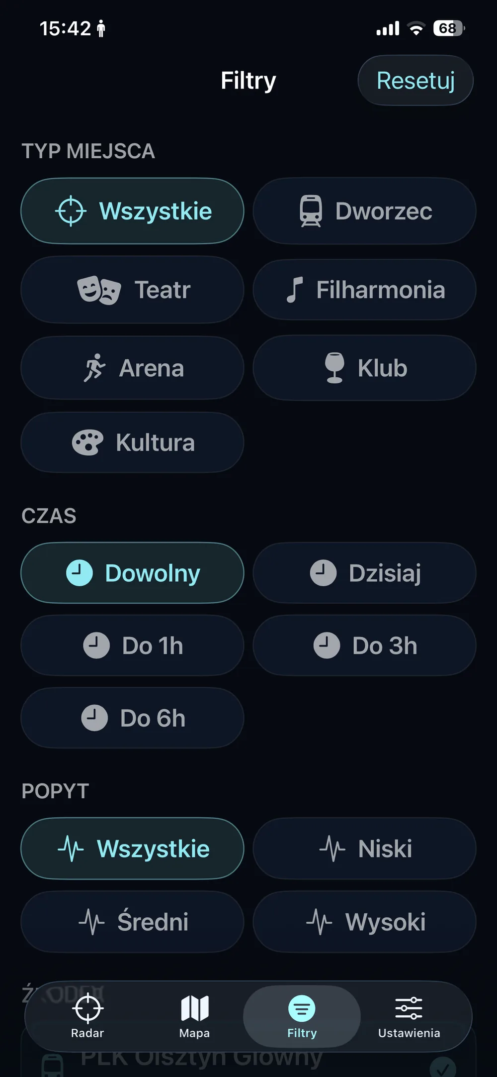 Rzeczywisty ekran filtrów TaxiSignal na iOS