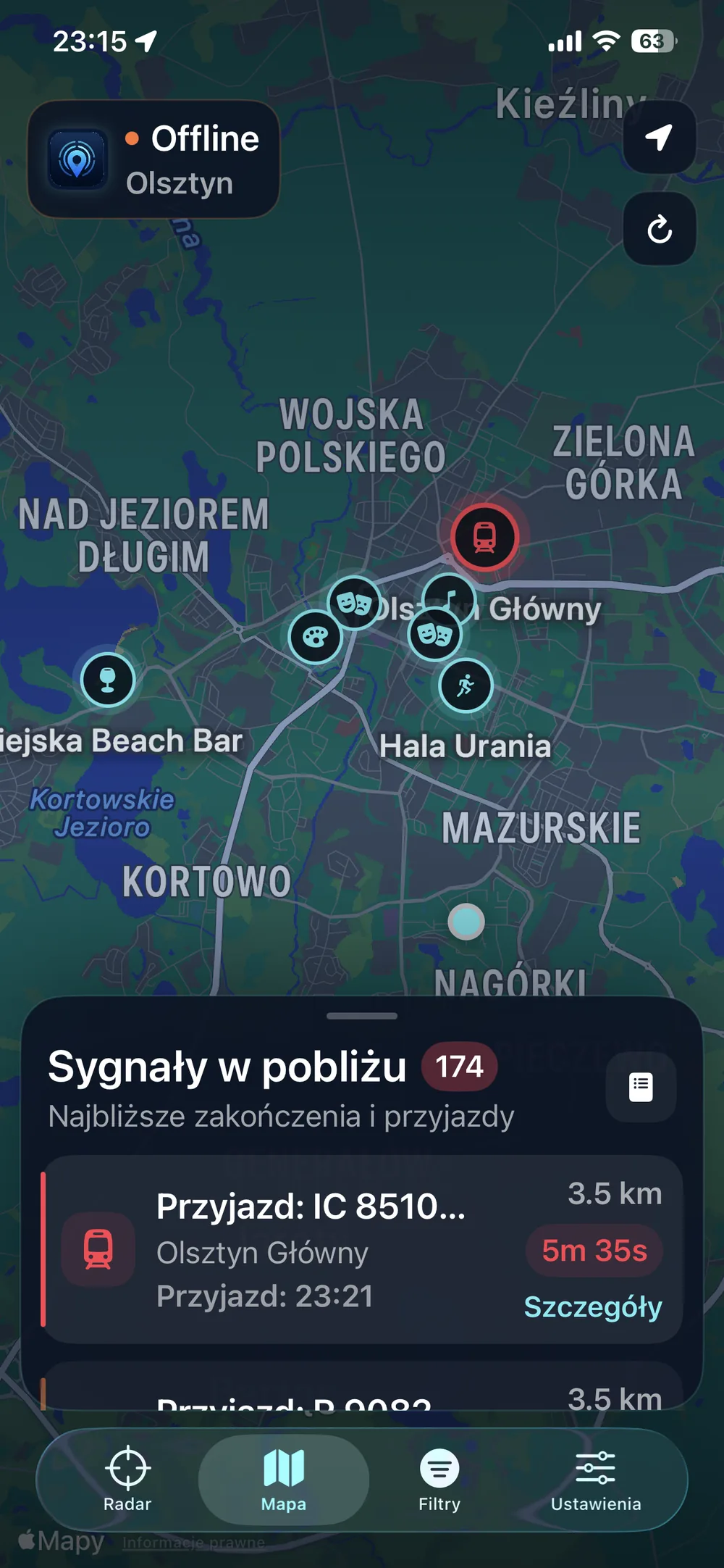 Rzeczywista mapa TaxiSignal na iOS bez otwartych szczegółów miejsca